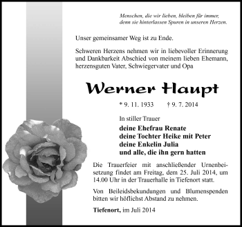 Traueranzeige von Werner Haupt von Südthüringer Presse