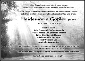 Traueranzeige von Heidemarie Goßler von Südthüringer Presse