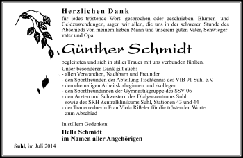 Traueranzeige von Günther Schmidt von Südthüringer Presse