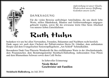 Traueranzeige von Ruth Huhn von Südthüringer Presse