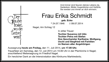 Traueranzeige von Erika Schmidt von Frankenpost