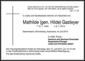 Traueranzeige von Mathilde (gen. Hilde) Gasteyer von Frankenpost