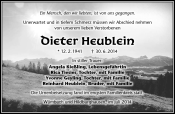 Traueranzeige von Dieter Heublein von Südthüringer Presse