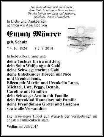 Traueranzeige von Emmy Mäurer von Südthüringer Presse