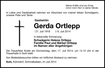 Traueranzeige von Gerda Ortlepp von Südthüringer Presse