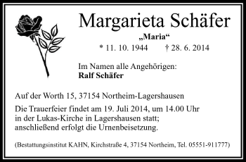 Traueranzeige von Margarieta Maria Schäfer von Frankenpost
