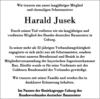 Traueranzeige von Harald Jusek von Neue Presse Coburg