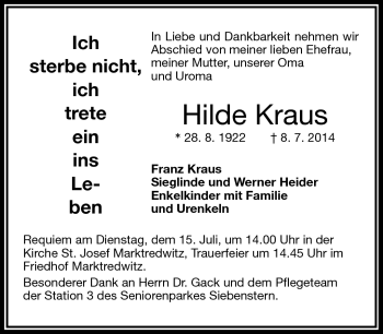 Traueranzeige von Hilde Kraus von Frankenpost