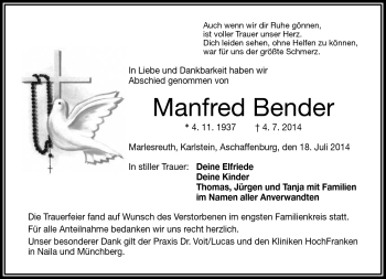 Traueranzeige von Manfred Bender von Frankenpost