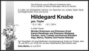 Traueranzeige von Hildegard Knabe von Südthüringer Presse