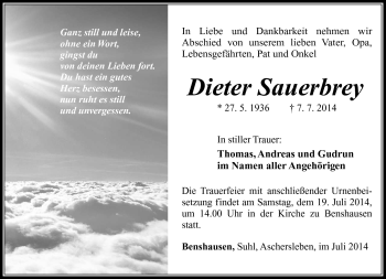 Traueranzeige von Dieter Sauerbrey von Südthüringer Presse