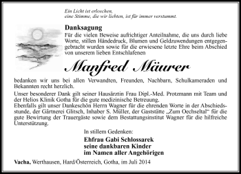 Traueranzeige von Manfred Mäurer von Südthüringer Presse