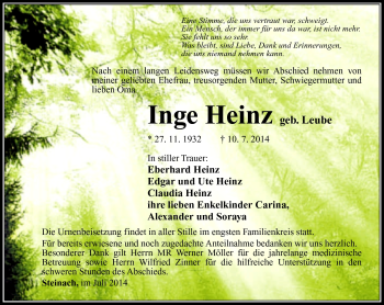 Traueranzeige von Inge Heinz von Südthüringer Presse