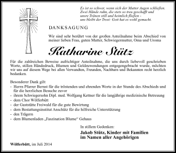 Traueranzeige von katharine stütz von Südthüringer Presse