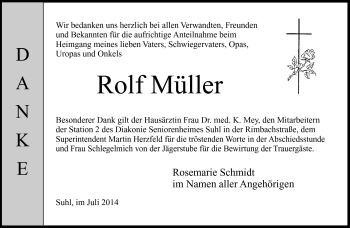 Traueranzeige von Rolf Müller von Südthüringer Presse