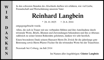 Traueranzeige von Reinhard Langbein von Neue Presse Coburg