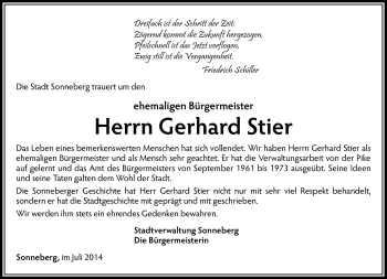 Traueranzeige von Gerhard Stier von Südthüringer Presse
