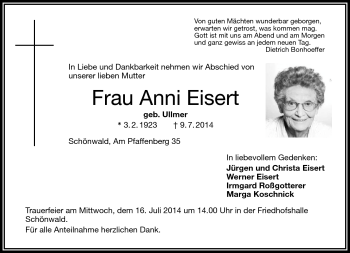Traueranzeige von Anni Eisert von Frankenpost