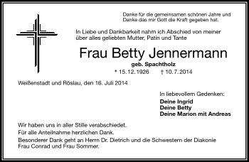 Traueranzeige von Betty Jennermann von Frankenpost