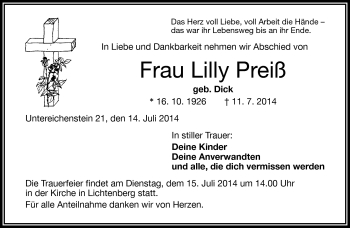 Traueranzeige von Lilly Preiß von Frankenpost