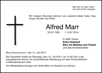 Traueranzeige von Alfred Marr von Neue Presse Coburg
