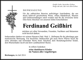Traueranzeige von Ferdinand Geißhirt von Südthüringer Presse