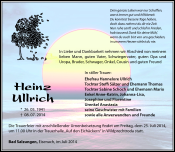 Traueranzeige von Heinz Ullrich von Südthüringer Presse