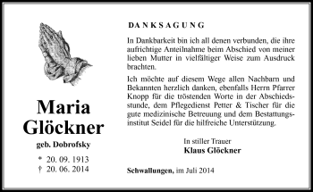 Traueranzeige von Maria Glöckner von Südthüringer Presse