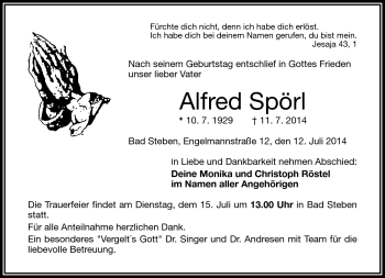 Traueranzeige von Alfred Spörl von Frankenpost