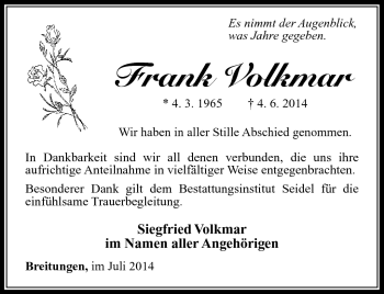 Traueranzeige von Frank Volkmar von Südthüringer Presse