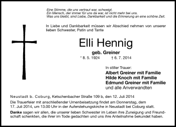 Traueranzeige von Elli Hennig von Neue Presse Coburg