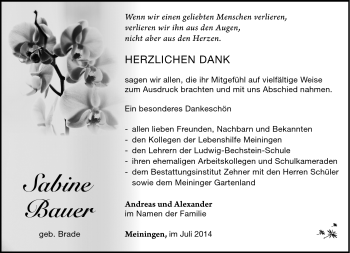 Traueranzeige von Sabine Bauer von Südthüringer Presse