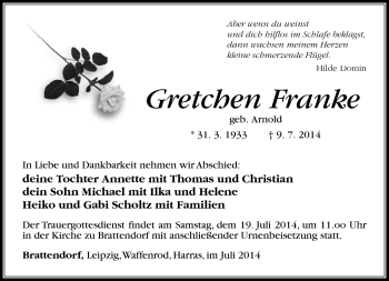 Traueranzeige von Gretchen Franke von Südthüringer Presse