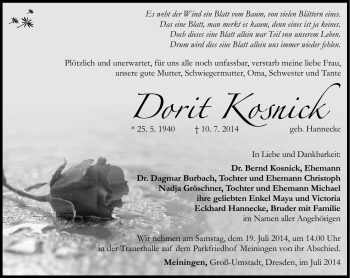 Traueranzeige von Dorit Kosnick von Südthüringer Presse