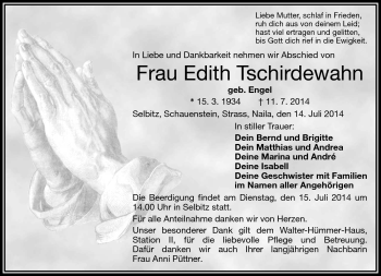 Traueranzeige von Edith Tschirdewahn von Frankenpost