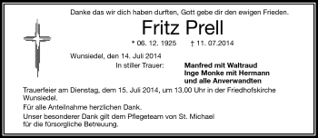 Traueranzeige von Fritz Prell von Frankenpost