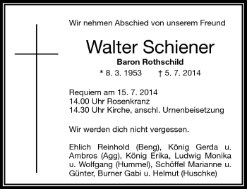 Traueranzeige von Walter Schiener von Frankenpost