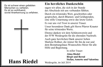 Traueranzeige von Hans Riedel von Frankenpost