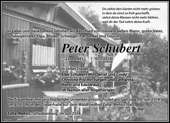 Traueranzeige von Peter Schubert von Südthüringer Presse