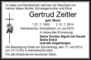 Traueranzeige von Gertrud Zeitler von Frankenpost