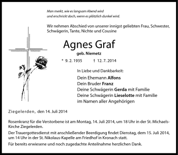 Traueranzeige von Agnes Graf von Neue Presse Coburg