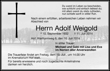 Traueranzeige von Adolf Weigold von Frankenpost