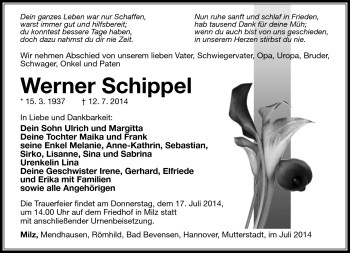 Traueranzeige von Werner Schippel von Südthüringer Presse