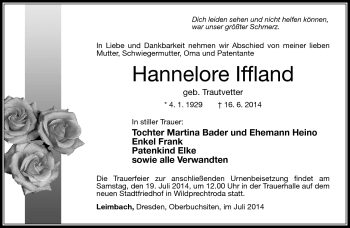 Traueranzeige von Hannelore Iffland von Südthüringer Presse