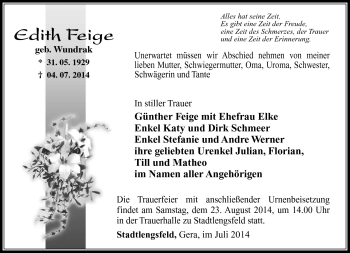 Traueranzeige von Edith Feige von Südthüringer Presse