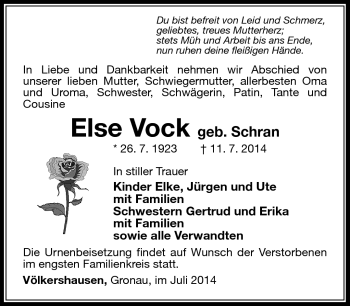 Traueranzeige von Else Vock von Südthüringer Presse