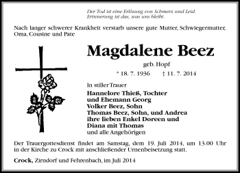 Traueranzeige von Magdalene Beez von Südthüringer Presse
