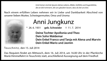 Traueranzeige von Anni Jungkunz von Neue Presse Coburg