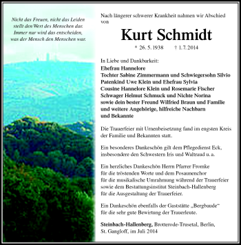 Traueranzeige von Kurt Schmidt von Südthüringer Presse