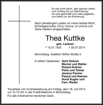 Traueranzeige von Thea Kuttke von Frankenpost